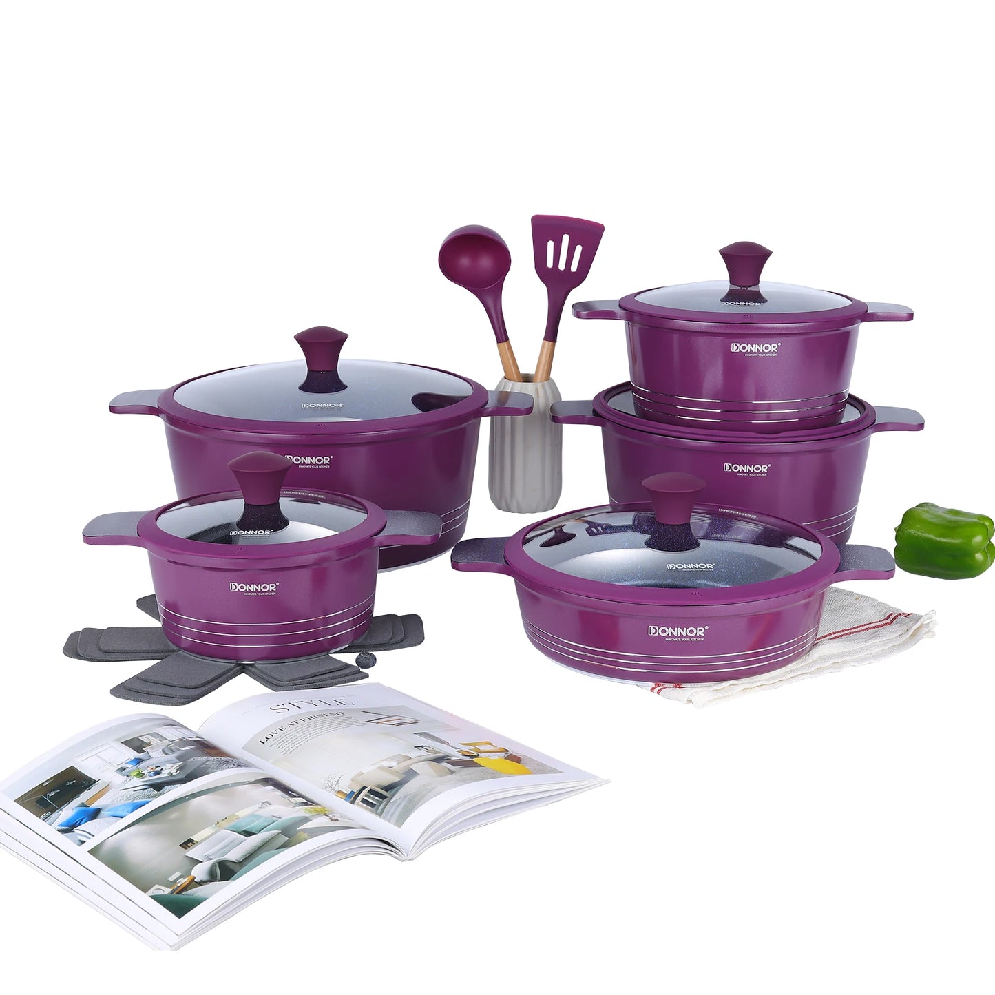 DONNOR Ceramic Cookware Set,Healthy Non-stick Cookware Set Suitable for Induction Cooktops/DishwashersFree of PFAS,PFOA and PTFE