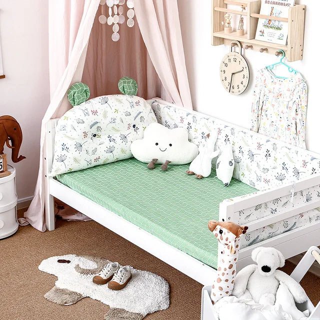4Pcs Baby Bedding Set Cotton Cartoon Bear Head Crib Bed Protector Bumper Newborns Sheet Child Bed Baby Washable Cot Bedding Set