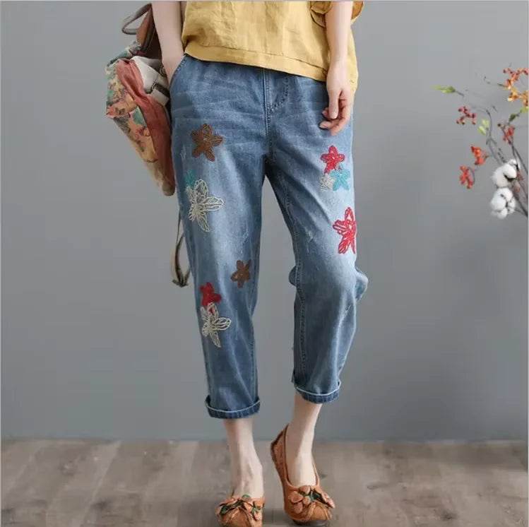 Womens Vintage Floral Loose Denim Pants 2025 Spring Chinese Style Casual Ripped Blue Jeans Holes Elastic Harem Trousers - AIAZ