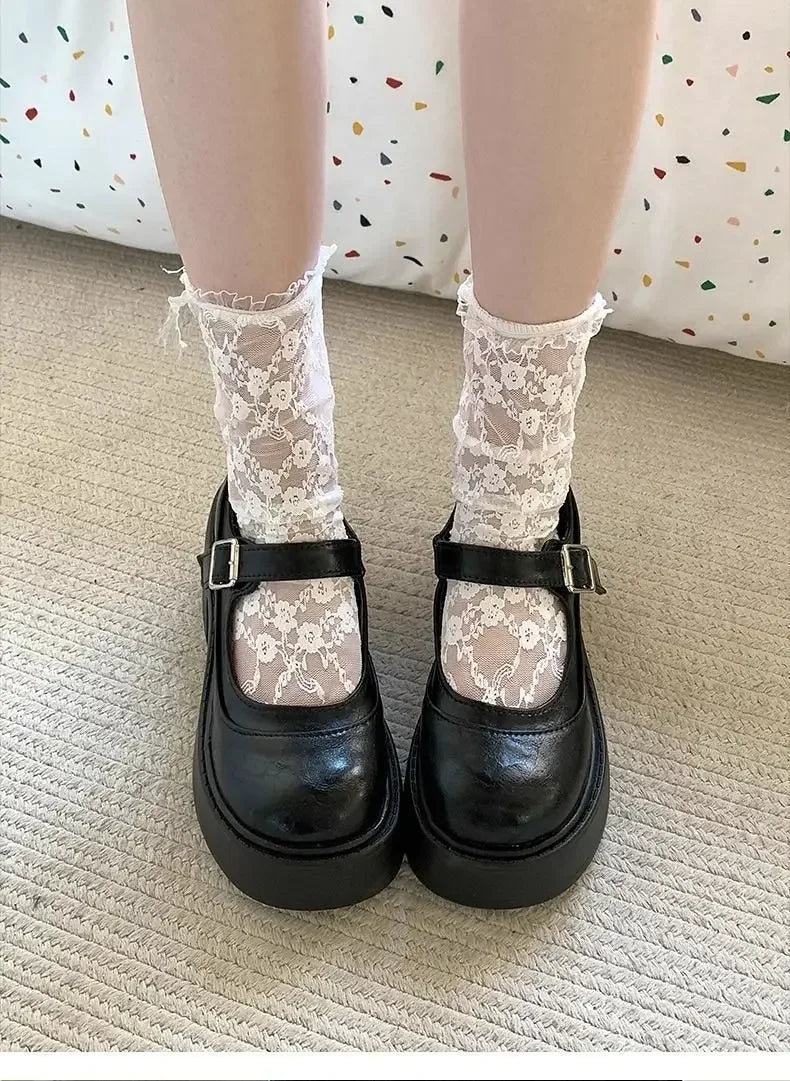 Brown Retro French Thick Heel Mary Janes Women's Shoes Spring 2025 New Style Heightening Flat Mouth High Heels Loafers Shoes
