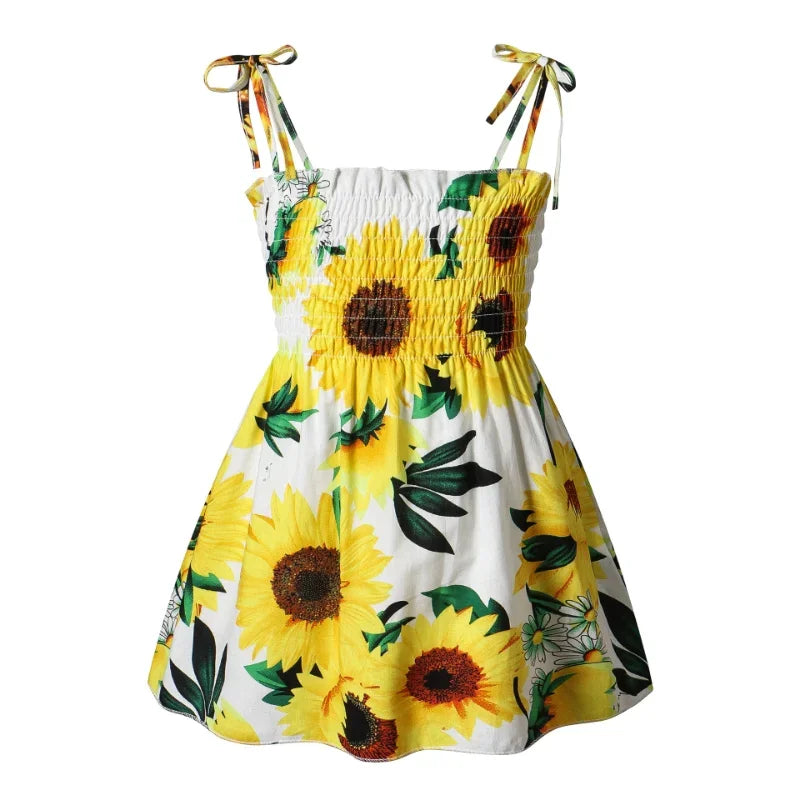 2025 Summer Girls Princess Beach Dress Strapless Floral Print Sleeveless Party Wear Toddler Solid Color Casual Fashion 1-6Y
