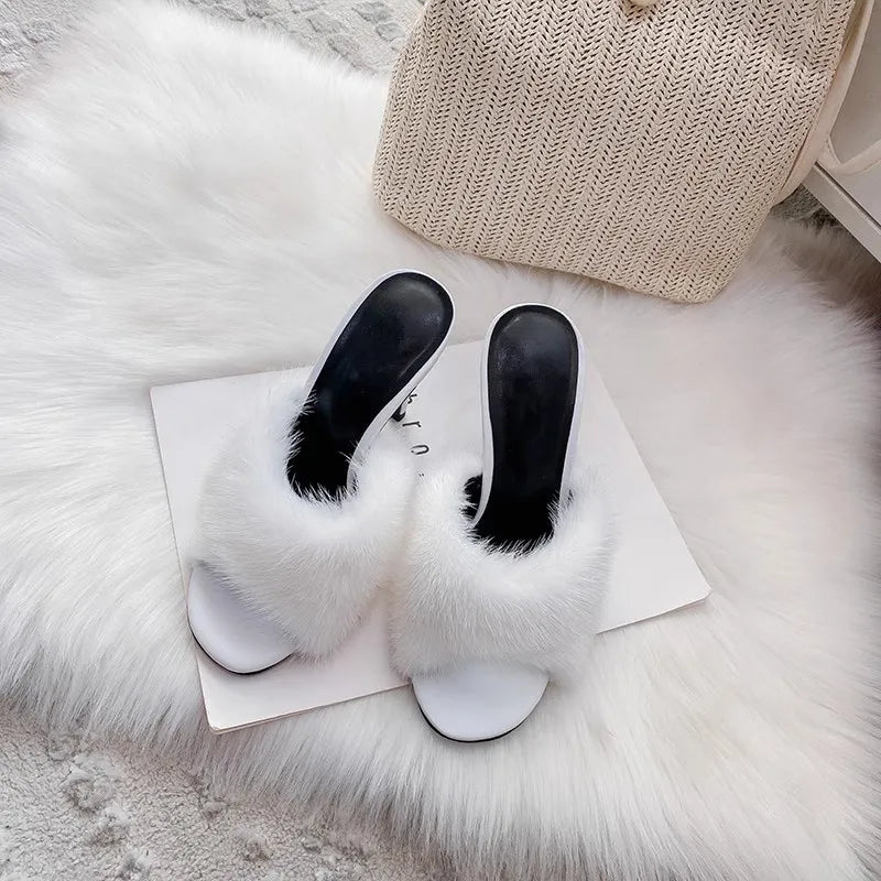 Thin high-heeled slippers summer new round-toed fish mouth fur leather fashion slippers banquet dress mink fur women's sandals