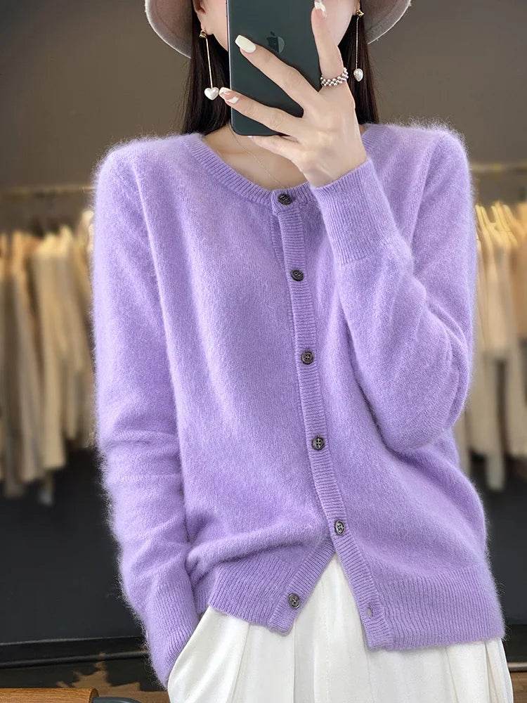 Women's Cardigan 100% Mink Cashmere Sweater,O-Neck Long Sleeve Top,Plus-Size Loose,Spring and Autumn Soft Knitted Jacket Female - AIAZ