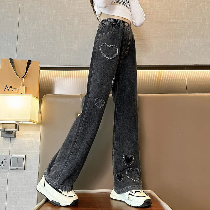 2025 Spring Autumn Girls Love Rough Edges Jean Korean Version Style Kids Middle Waist Cowboy Pants Elastic Waist Long Pants
