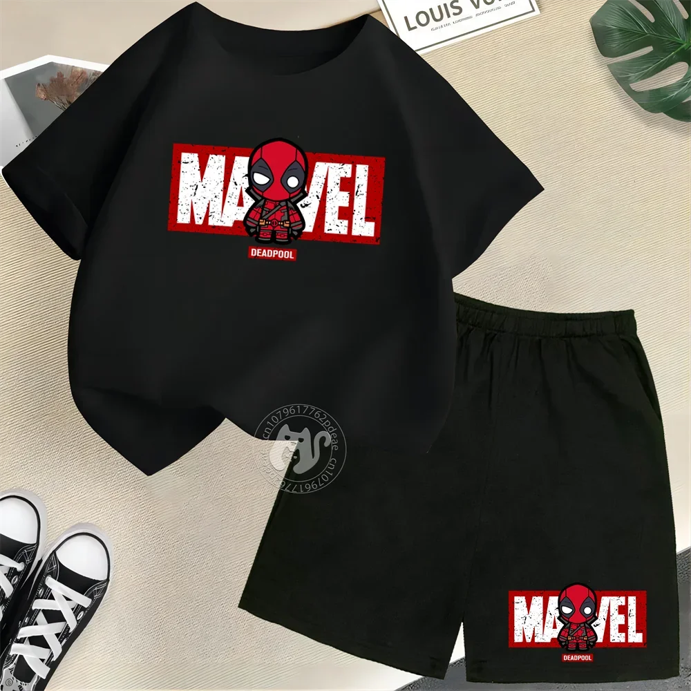 Superhero Summer Kids 100% Cotton T-shirt Street Mini Deadpool Print Short Sleeve T-shirt + Shorts Boys & Girls casual suit