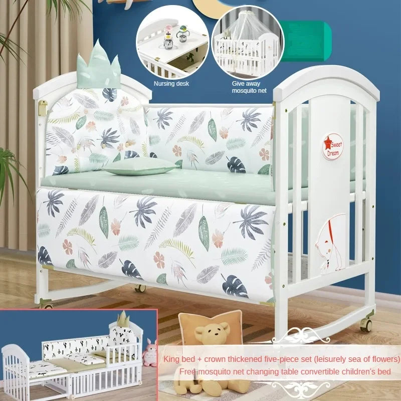 Solid wood spliced crib Multifunctional European style children's bed Movable newborn cradle large bed Baby Rest Chair