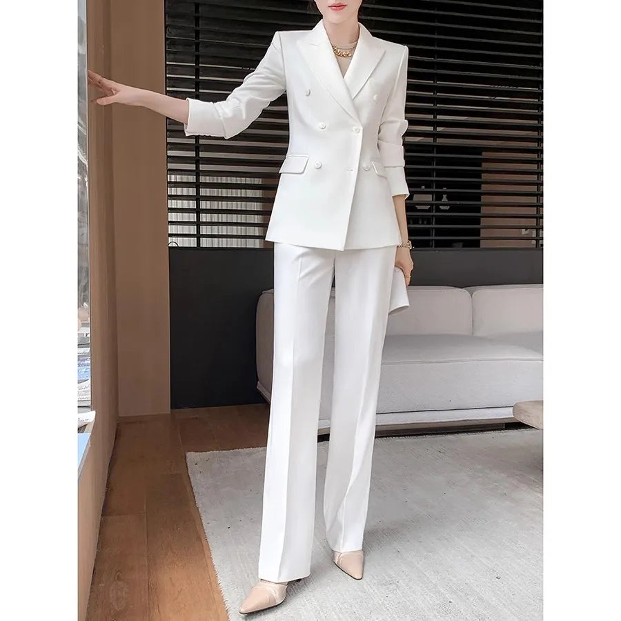 Solid White Suit Women 2025 New Spring Autumn Flares Pants High-Grade Slimming Business Clothing Sets Formal Suits Overalls
