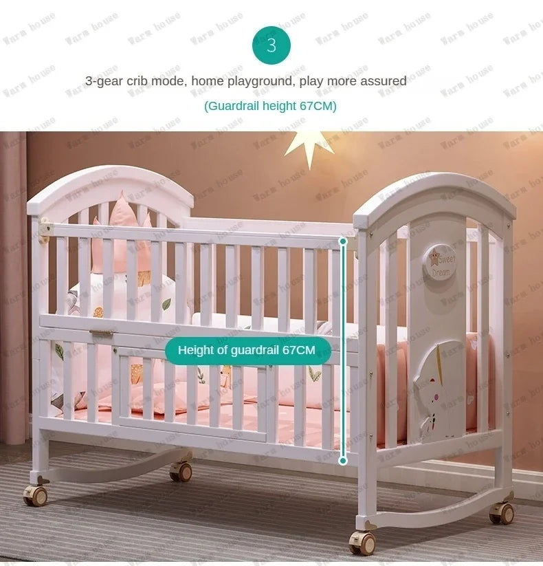 Solid wood spliced crib Multifunctional European style children's bed Movable newborn cradle large bed Baby Rest Chair