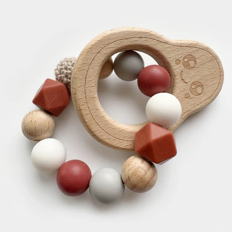 Baby Teether Bracelet Crochet Wood Crafts Engraved Bead Food Grade Silicone Beads Wood Animal Pendant Teething Toys For Rattle