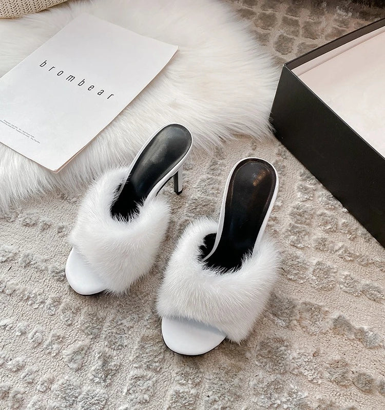 Thin high-heeled slippers summer new round-toed fish mouth fur leather fashion slippers banquet dress mink fur women's sandals