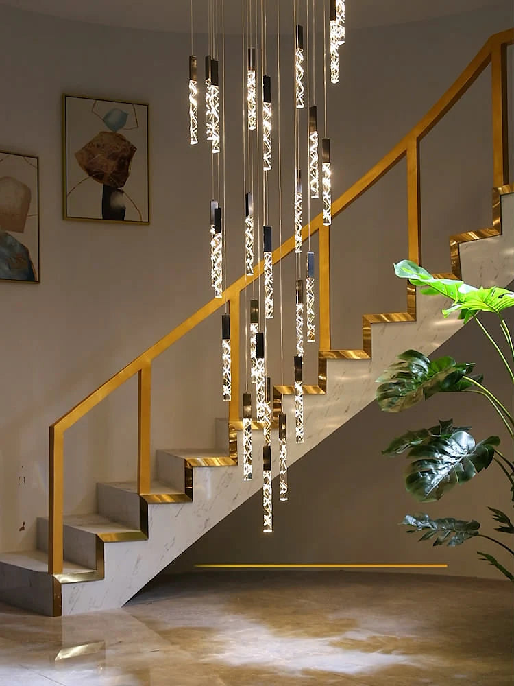 Modern LED Living Room Pendant Light Staircase Pendent Lamp Doublelayer Attic Spiral Long Ceiling Lamp Villa Crystal Chandelier