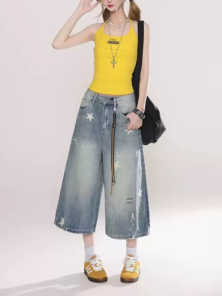 Street Y2K Vintage Washed Cat Whiskered Style embroidered Bermuda Jeans Knee Length Denim Jorts Casual Shorts Cropped Trousers - AIAZ