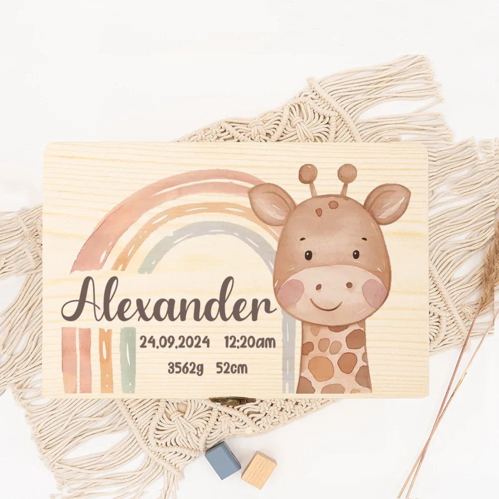 Personalized Keepsake Box Custom Name Memory Boxes Animal rainbow Print Wood Kid Memories Case Custom Child Birthday Shower Gift