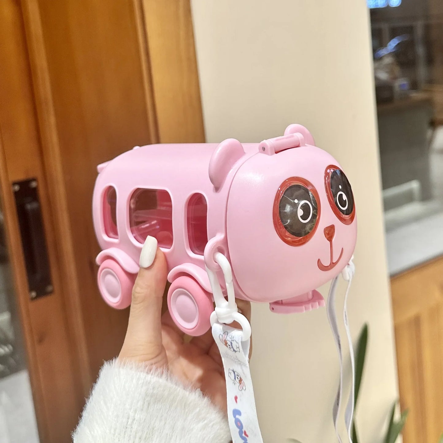 Baby Cute Panda Bus Portable Water Bottle with Shoulder Strap Kid Car Straw Water Cup Children's Water Bottle Drinking Cup