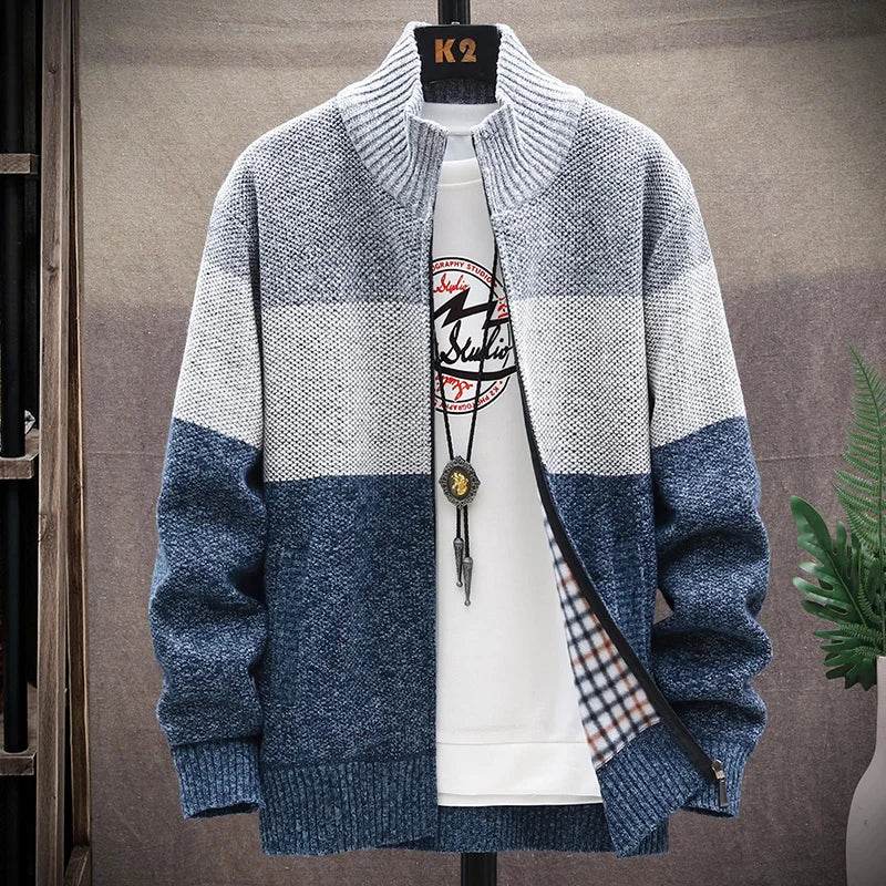 Autumn Winter Cardigan Sweater Men Fleece Zipper Sweaters Velvet Contrast Striped Sweater Coats Casual Jackets - AIAZ