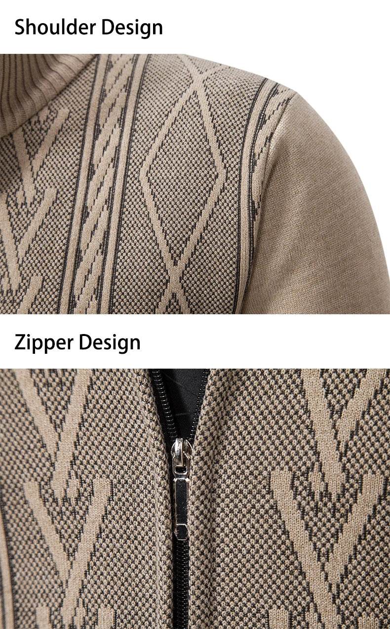 Thickened jacket men's autumn and winter warm trend line stand collar knitted cardigan sweater coat - AIAZ