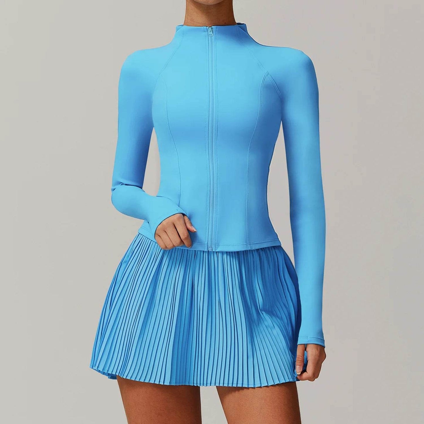 Yoga Sets Workout Sets for Women 2 Pieces Gym Suits Long Sleeved Outfits Zipper Fitness Jacket Running Short Skirt Sportswear - AIAZ