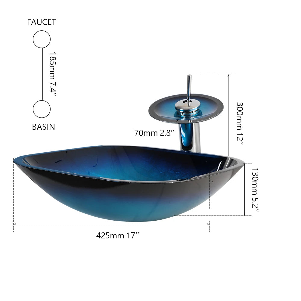ZAPPO Tempered Glass Bathroom Vessel Sink with Waterfall Black Faucet Tap Bathroom Oval Blue Vessel Sinks Above Counter Basin