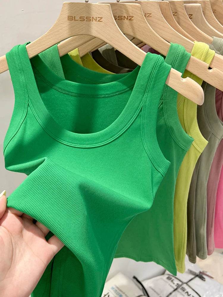 Women Solid Round Neck Ribbed Tank Top Camisole Women 2025 Summer Basic Elastic Tank Top O Neck Solid Tank Top - AIAZ