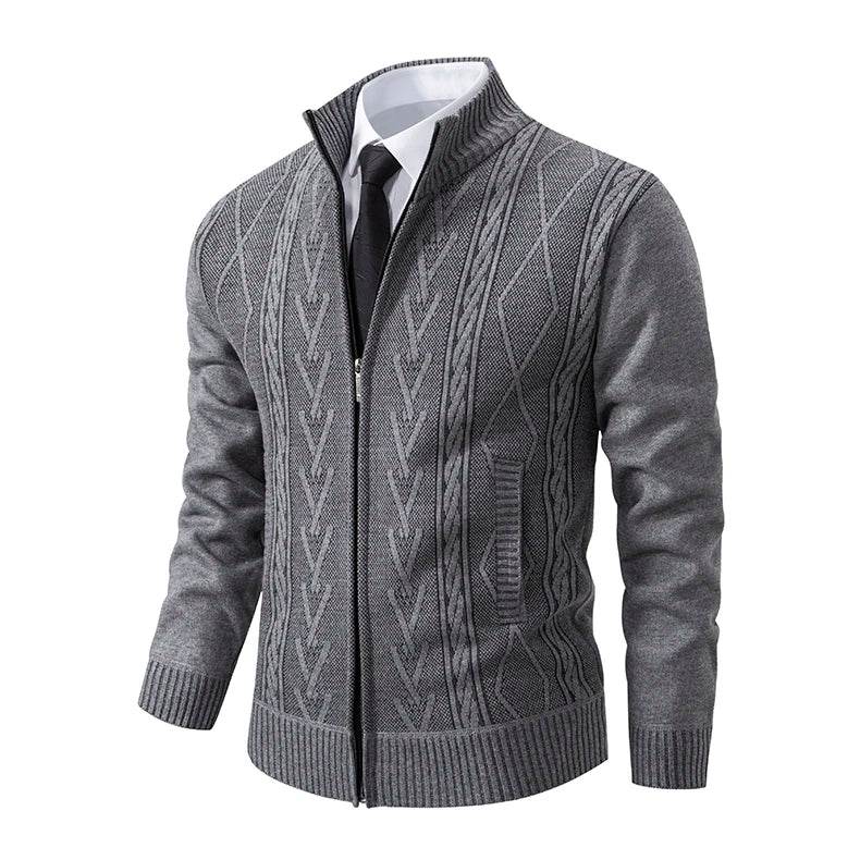 Thickened jacket men's autumn and winter warm trend line stand collar knitted cardigan sweater coat - AIAZ