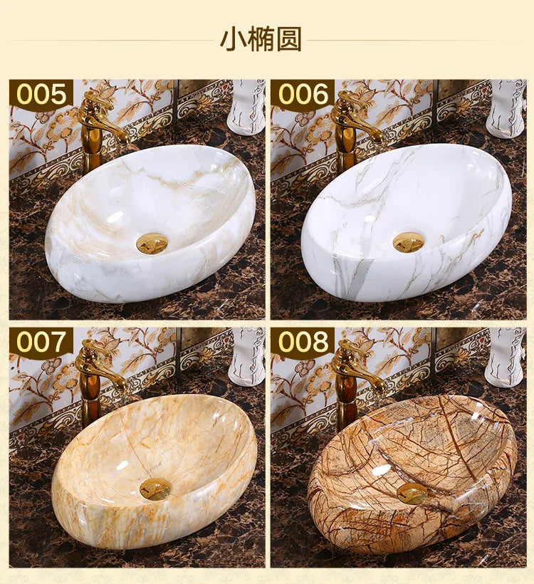 Marble Pattern Oval Bathroom Sink Home Stylish and Simple Ceramic Washbasin Hotel Balcony Countertop Art Basin for Washroom