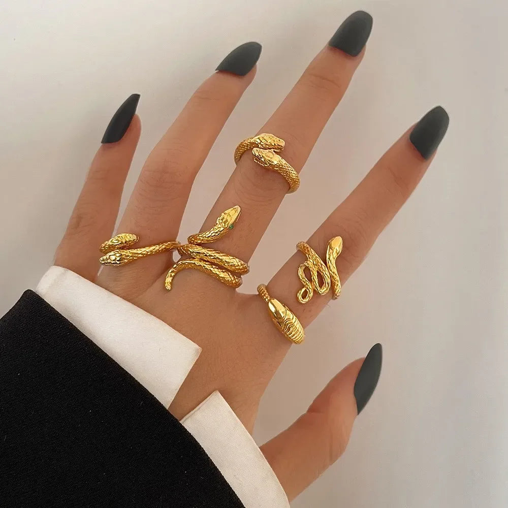 2024 New Tide Individuality Retro Geometric Hollowing Inlay Gem Rings SetLiquid State Metal Four-Piece Rings Set Paty Jewelry