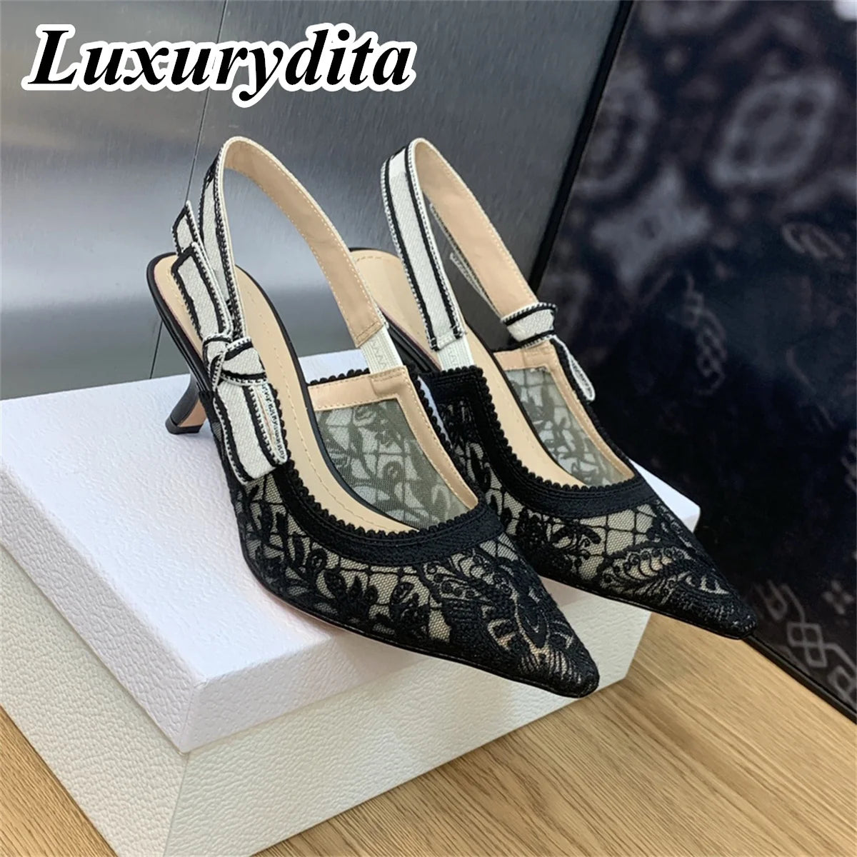 Top Quality Luxury Womens Sandal Casual Lace Flat Fashion Embroidered Muller Shoes Designer Silk Leather Soled High Heel