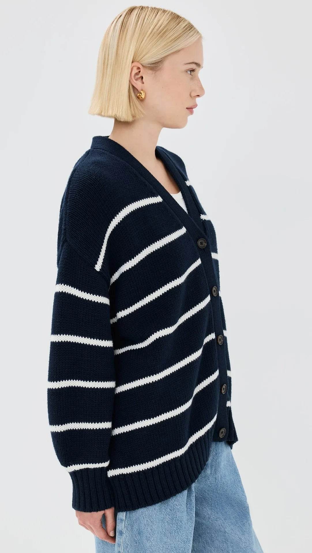 Casual Stripe Knitted Cardigan For Women 2025 Autumn Winter Single Breasted V-Neck Sweater Female Loose Coat - AIAZ
