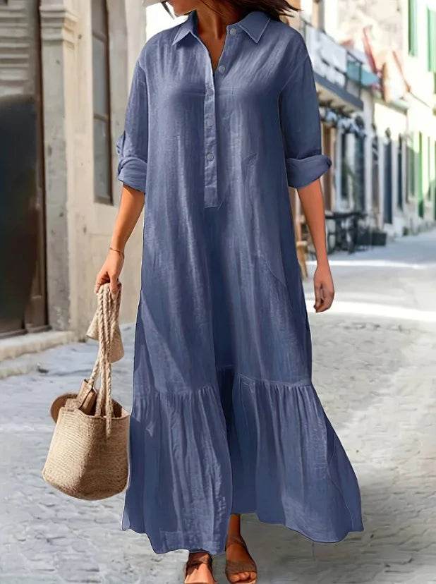 2025 Women's Linen Shirt Dress - Asymmetrical Hem Button Down Casual Dress - AIAZ