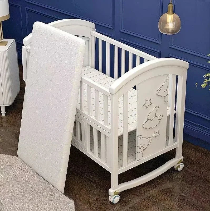 2025New Solid Wood Baby Crib Movable Splicing Bed Multifunctional Baby Rocking Bed Adjustable Guardrail Height with Mosquito Net