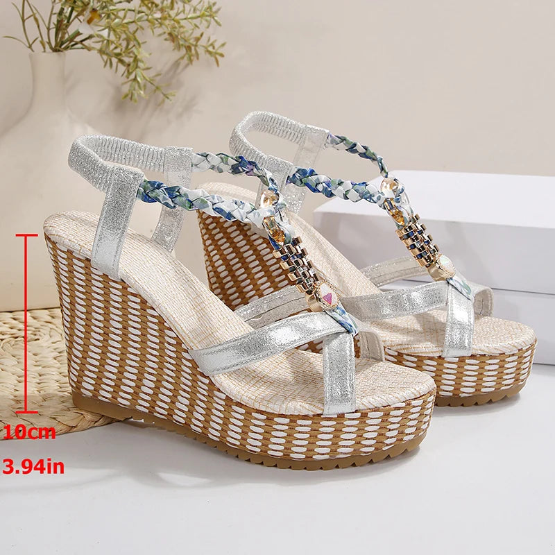 Metal Decortation Women Wedge Heel Sandals Summer 2025 Thick Sole Non Slip Beach Shoes Woman Plus Size Chunky Platform Sandalias