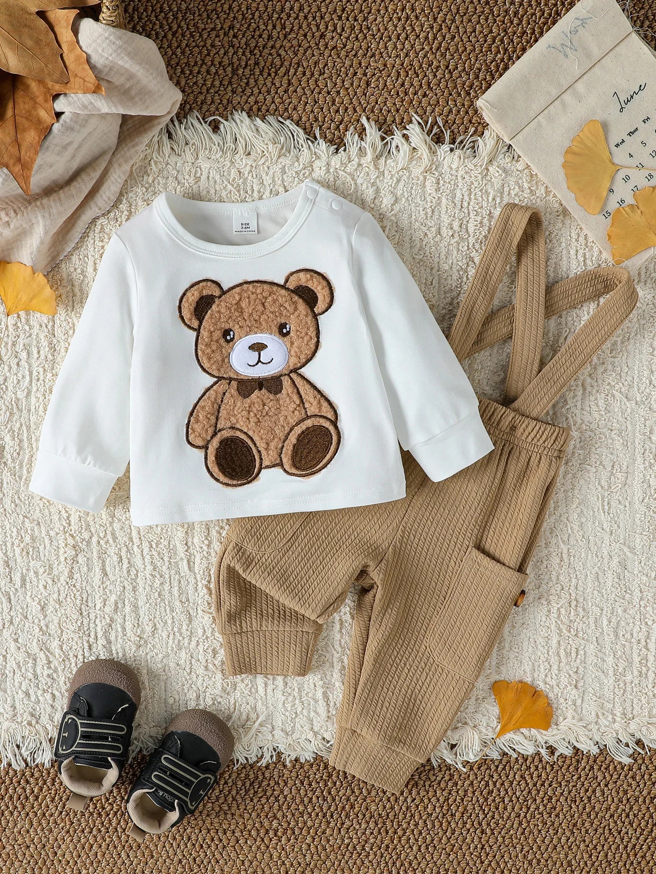 2PCS Baby Boys Boys Autumn Cute Long Sleeve Top With Bear +Button Jumpsuit Playsuit Overalls Sets Clothes Casual Outfits