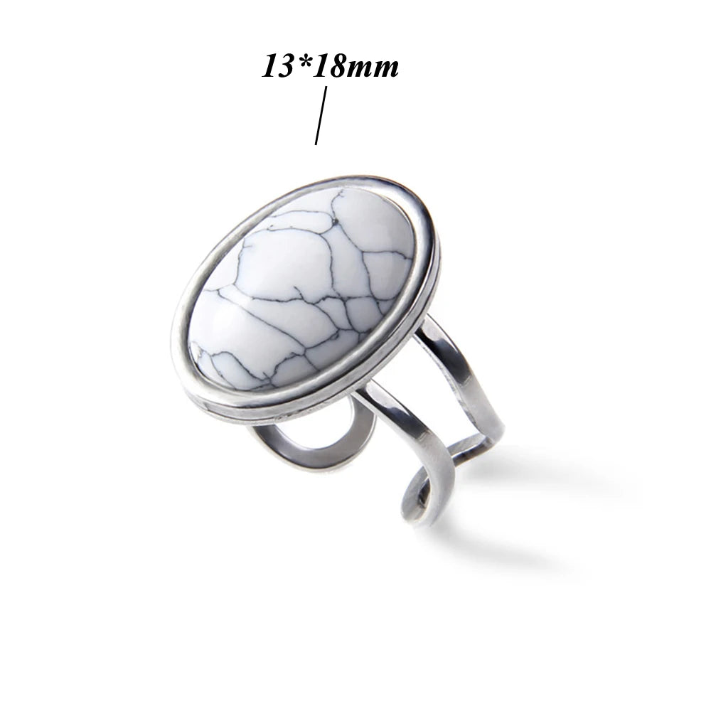 Cabochon Natural Stone Ring 10*14MM Oval Agates Turquois Quartzs Gem Finger Ring Silver Color Adjustable Open Rings Jewelry Gift