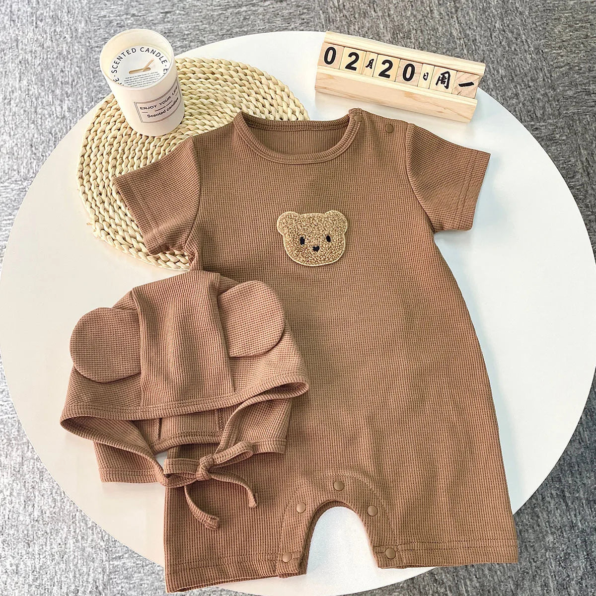 New In Summer Kids Baby Girls Boys Short Sleeve Waffle Patch Bear Infant Newborn Jumpsuits Cotton Romper Gift Hat with Ear