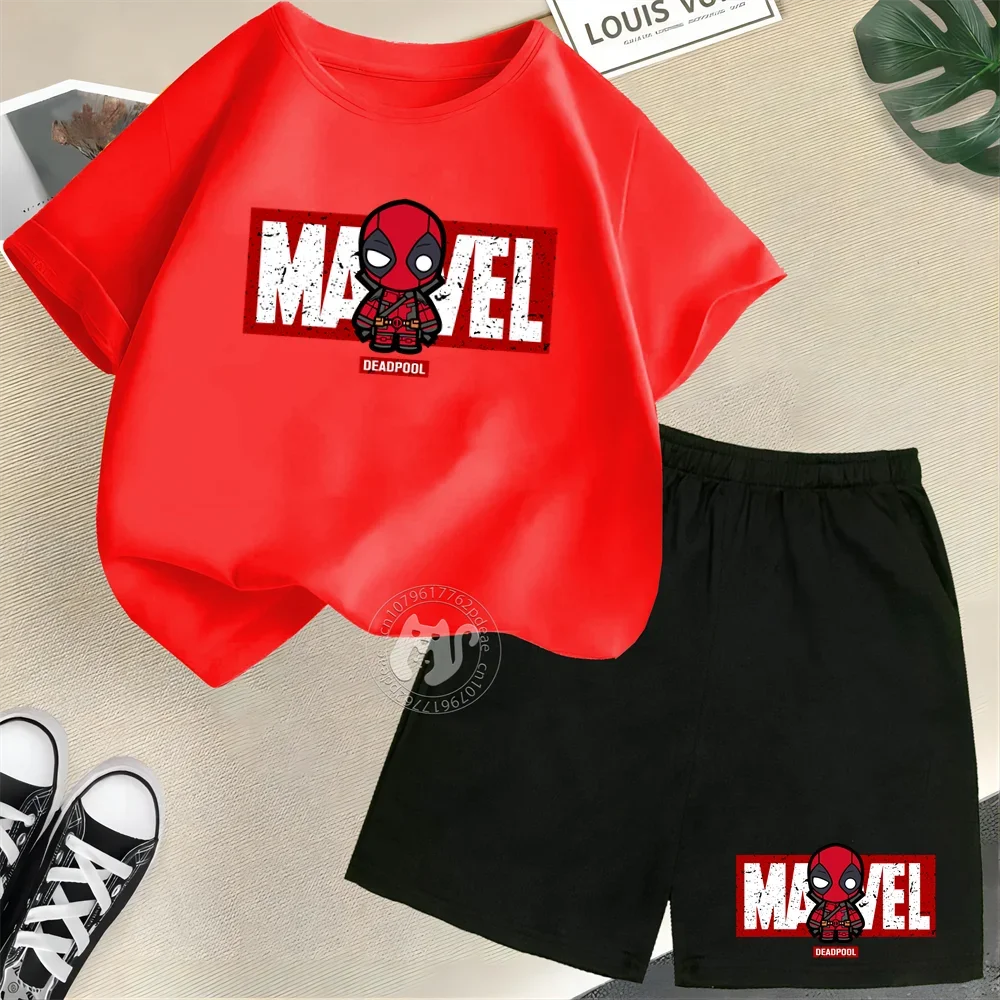 Superhero Summer Kids 100% Cotton T-shirt Street Mini Deadpool Print Short Sleeve T-shirt + Shorts Boys & Girls casual suit