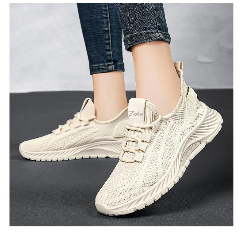 Women Lace Up Running Shoes Sporty Outdoor Beige Fabric Sneakers Comfort Lightweight Non Slip Athletic Shoes for Gym Work Casual