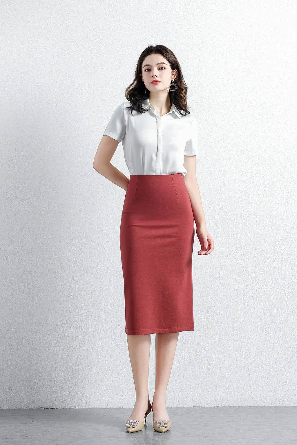 Women Elegant OL Bodycon Skirts Office Faldas Saia Work Slim Fit Jupe Autumn Fashion High Waist Solid Knee-length Skirt - AIAZ