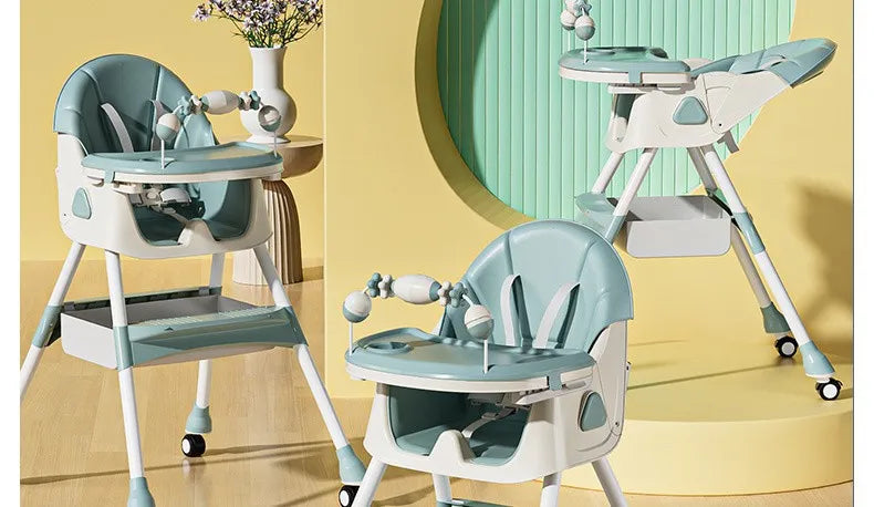 Portable Kids Dining Chair,Reinforced Steel Frame Non-Slip Base,Foldable with Wheels Adjustable Tray,Multi-Use Highchair
