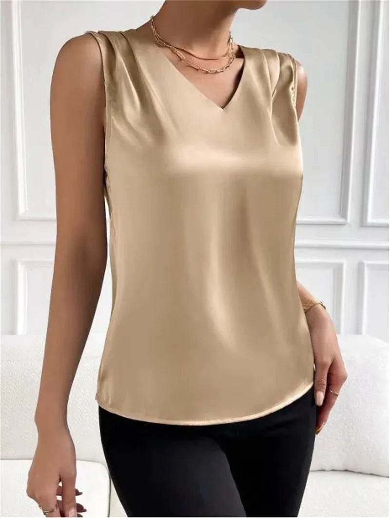 Women's vest elegant temperament V-neck vest summer vacation simple solid color fashion all-matching sleeveless top - AIAZ