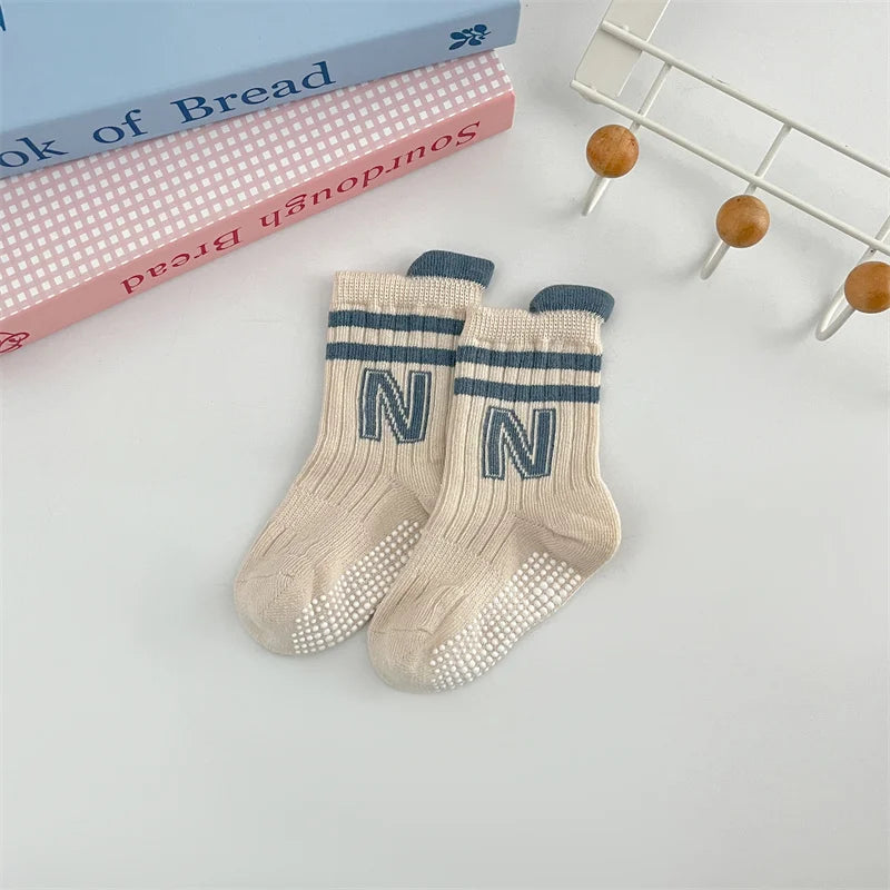 3Pairs/Lot Baby Letter Non-slip Socks Soft Cotton Short Kids Sock Infant Toddler Boys Girls Cute Stripe Socken For 0-5Years