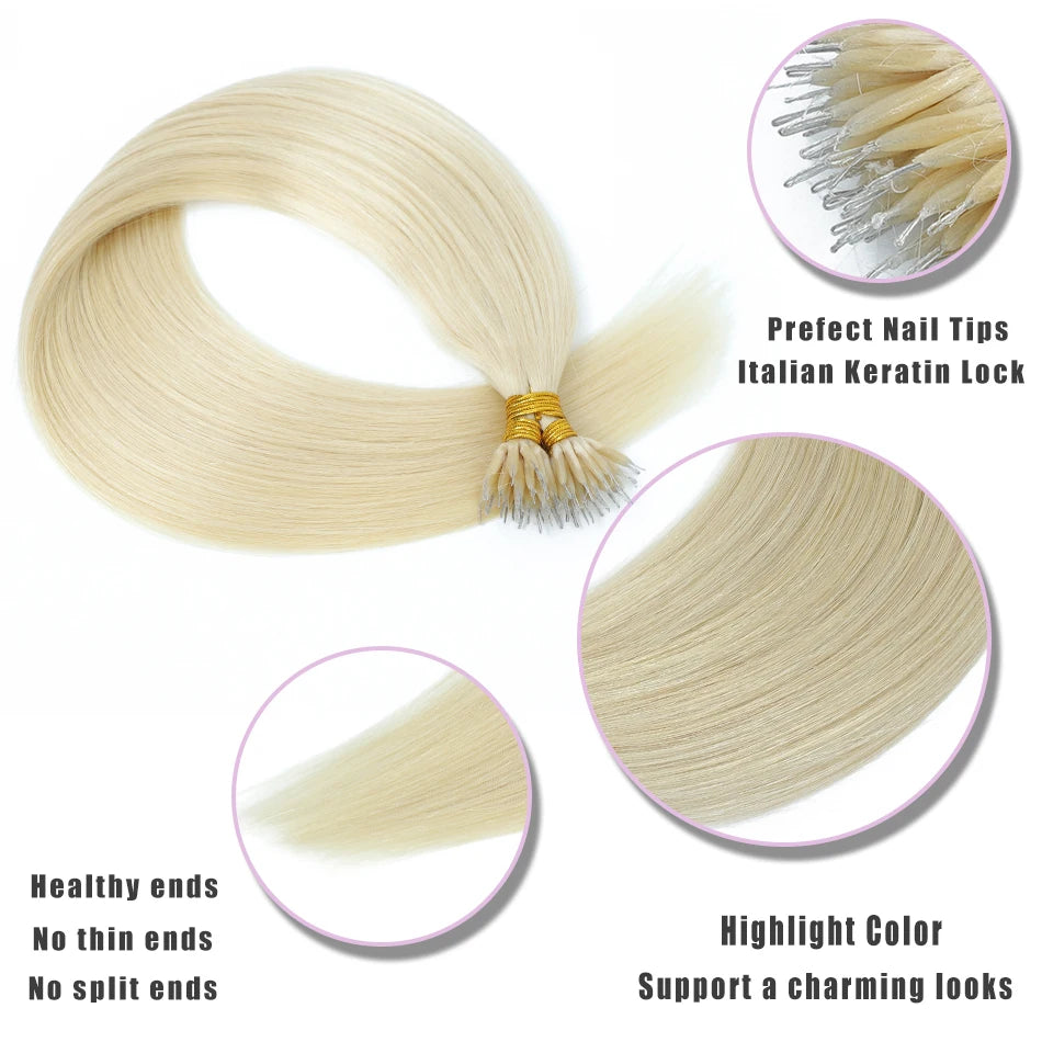 SOVO 100 Strands Nano Rings Human Hair Extensions Natural Blonde Micro Bead Loop Pre Bonded Remy European Straight Hair