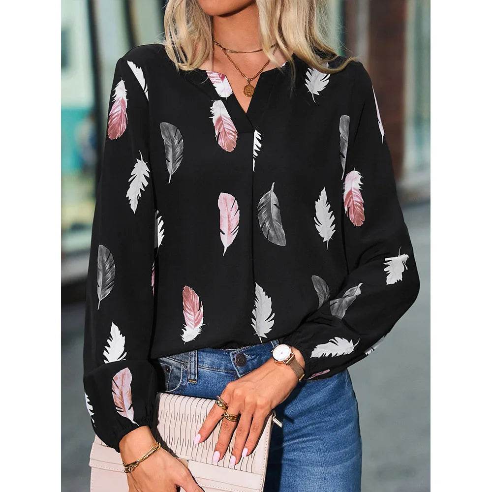 Fashion Woman Blouse Shirts For Women Stylish Top long Sleeve Feather Pattern Female Tops Elegant Chiffon Mujer Woman Clothes - AIAZ