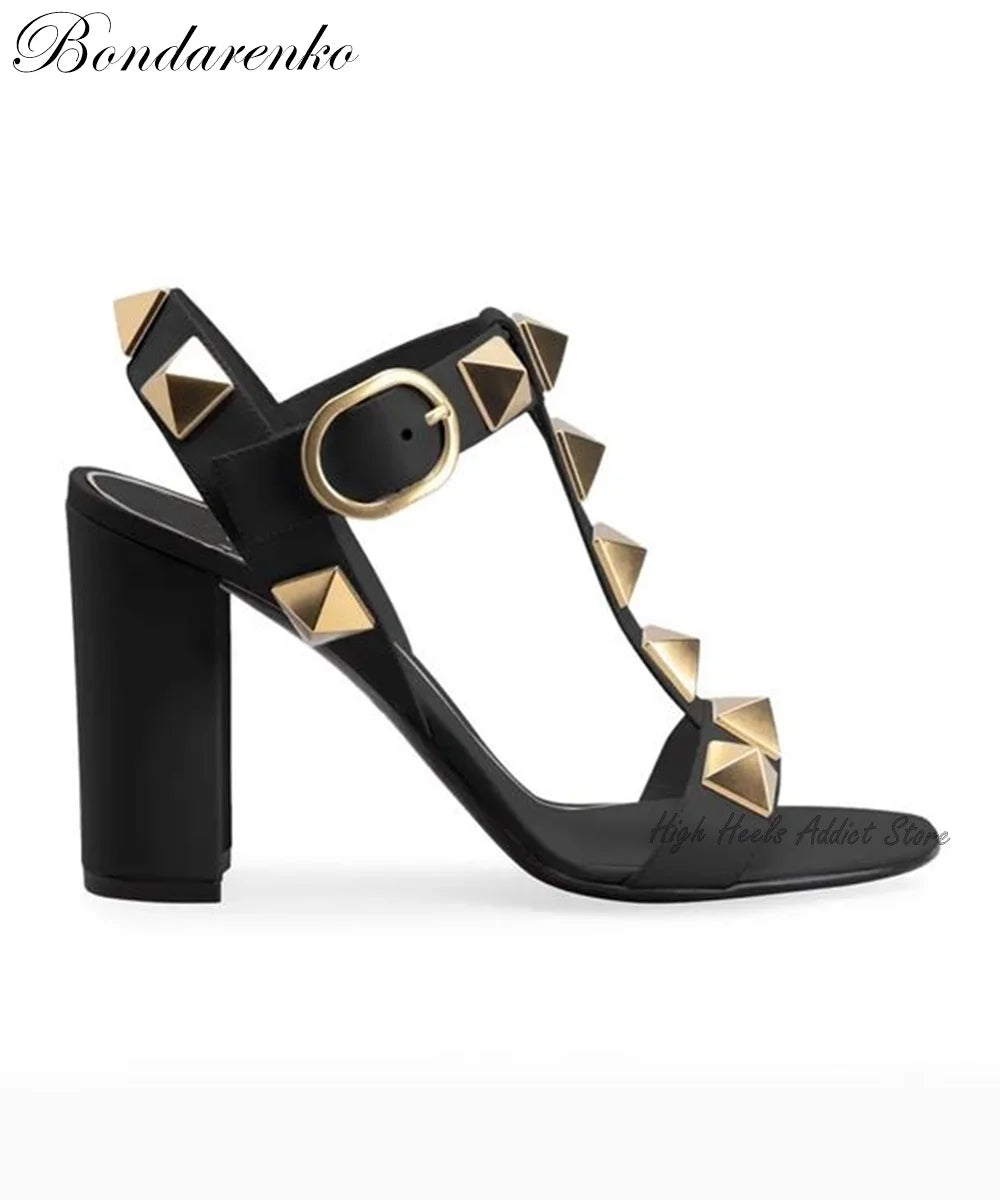 Rockstud Block Heel Leather Sandals Roman Stud Pink Black White Buckled High Heels Summer New Luxury Designer Shoes on Offer