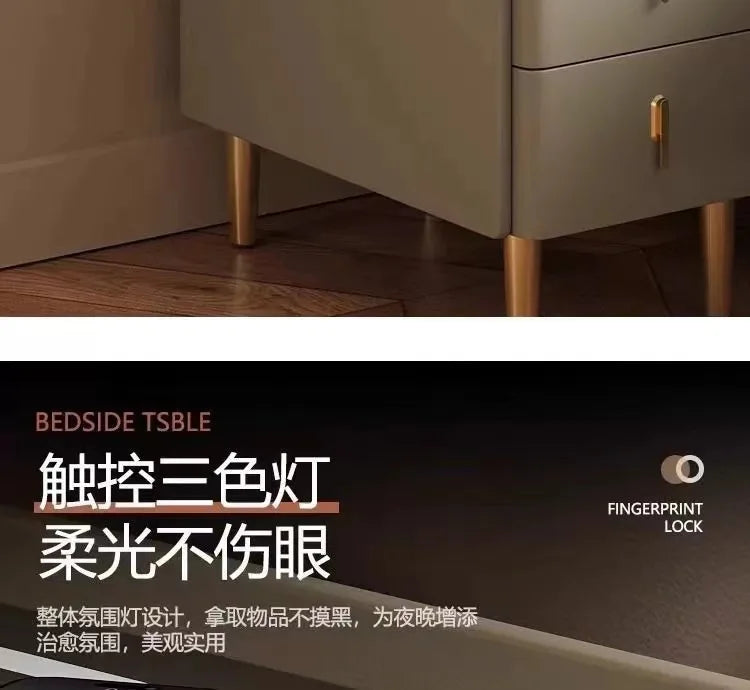 Nordic Style Intelligent Solid Wood Bedside Table Faux Leather 3 Drawers Nightstands with Wireless Charging Side Storage Cabinet