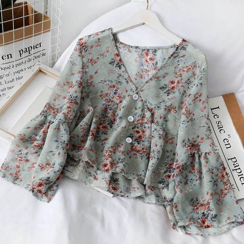 Blouses Women Temperament V Neck Floral Print Sweet Small Fresh Long Sleeves Chiffon Shirt Autumn All-match Short Crop Top - AIAZ