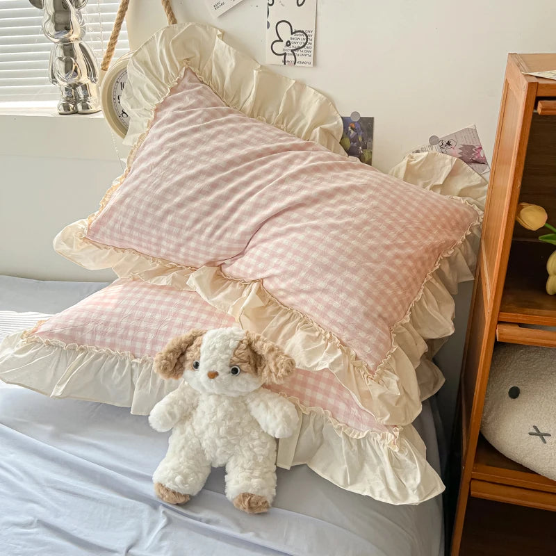 Korean Princess Style Bedding Set Soft Skin-friendly Lattice Lace Ruffles Quilt Cover Plaid Style Duvet Covers Set Pillowcases