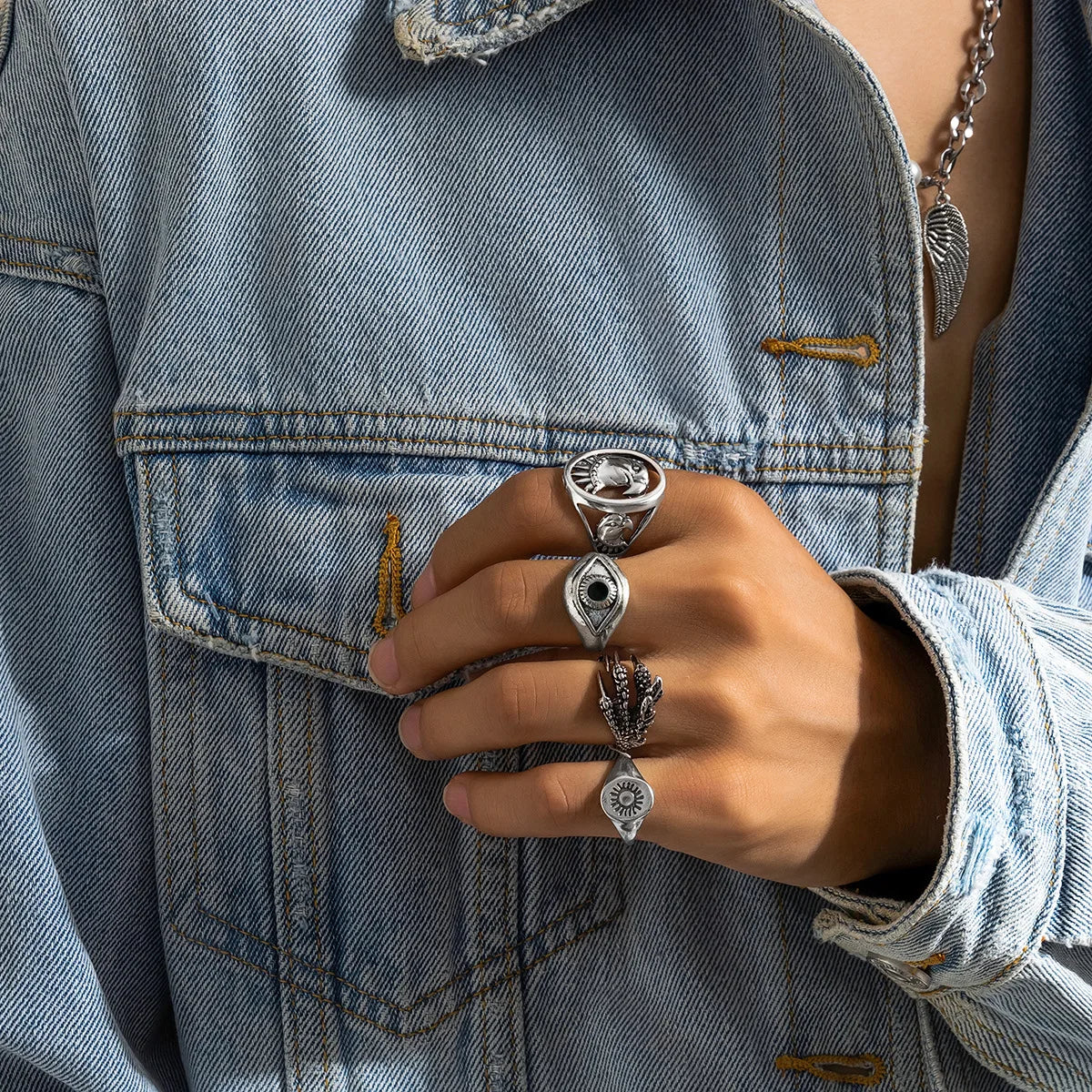 2024 New Tide Individuality Retro Geometric Hollowing Inlay Gem Rings SetLiquid State Metal Four-Piece Rings Set Paty Jewelry