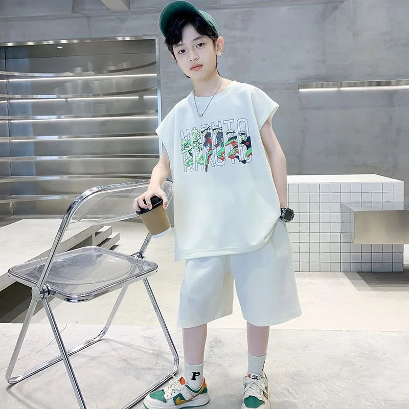 Summer Boys Cotton Sleeveless Cartoon T-Shirt Tops+Shorts Workout Sets School Kids 2PCS Tracksuit Children Jogging Outfit 5-16Yr