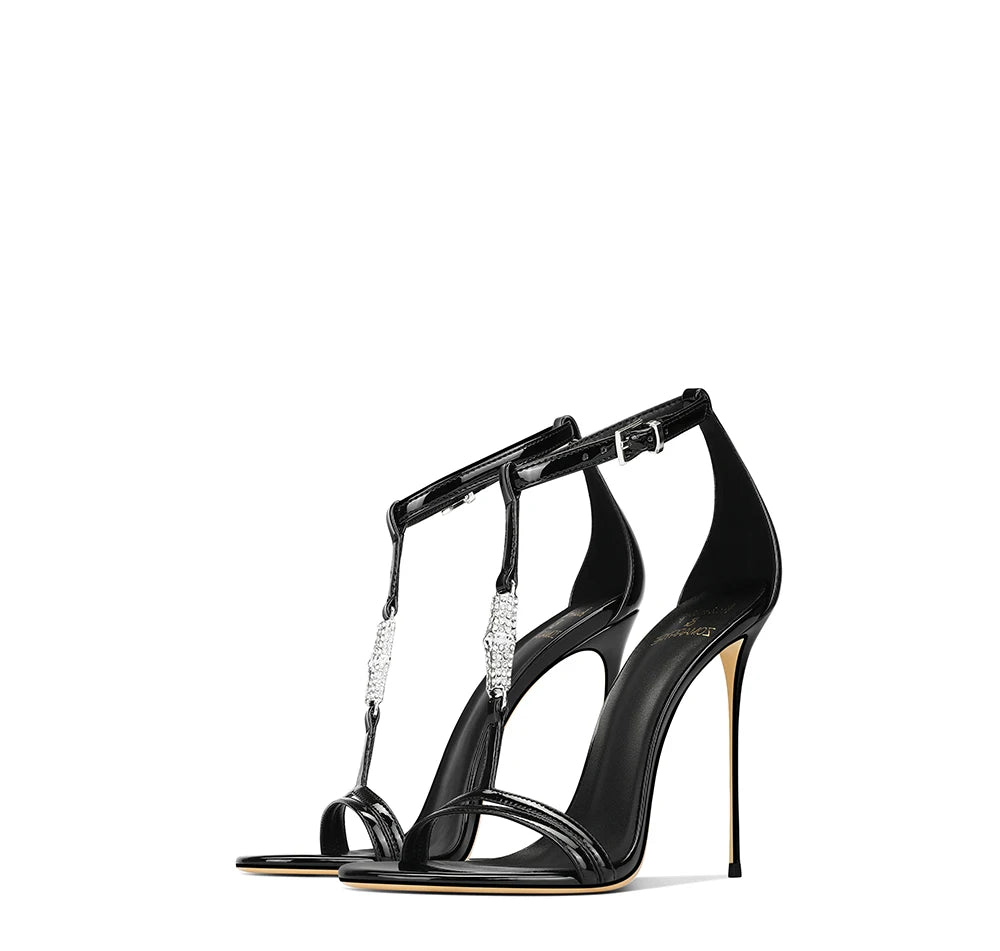 Thin high-heeled sandals summer new rhinestone T-band patent leather shoes banquet large size small size low-heeled women's shoe