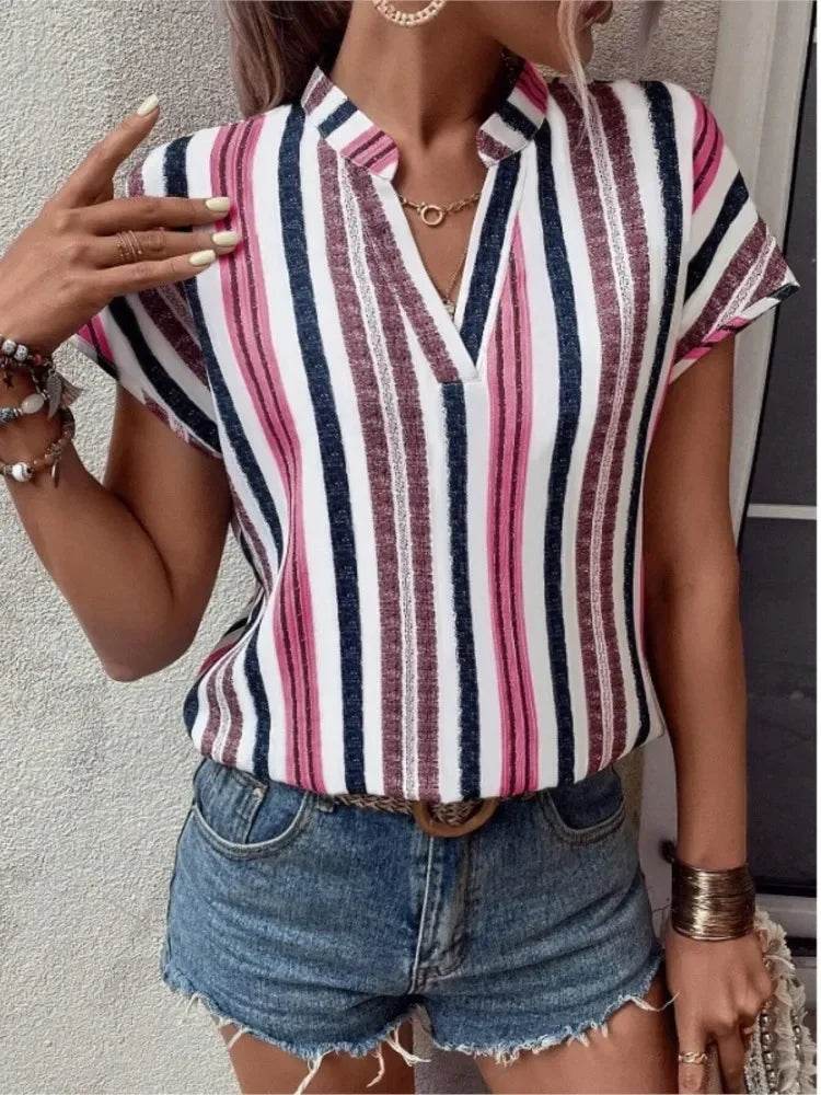 Women's Tops Blouses New 2025 Summer Casual Fashion Striped Print V-neck Short Sleeve Shirt Elegant Women Shirts Tops Streetwear - AIAZ